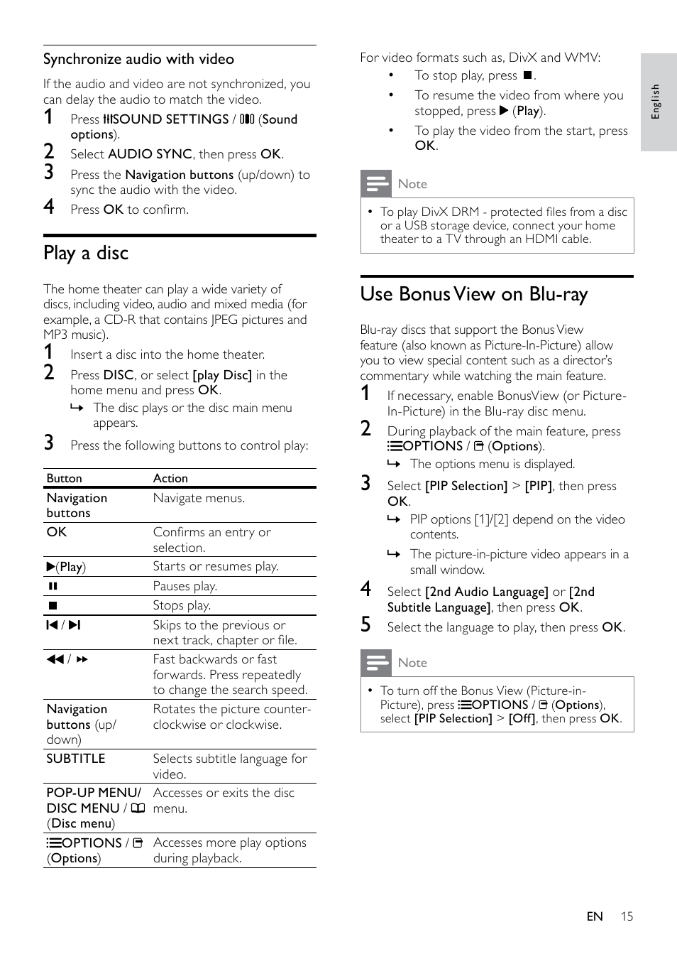 Set up network, Use bonus view on blu-ray, Play a disc | Philips HTS5580W-F7 User Manual | Page 17 / 34