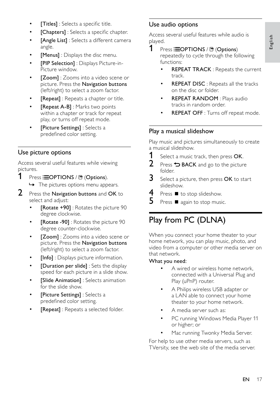 Play a disc, Change sound mode, Change surround sound mode | Change treble, mid and bass, Synchronize audio with video, R computer, E 17), Play from pc (dlna) | Philips HTS5580W-F7 User Manual | Page 19 / 34