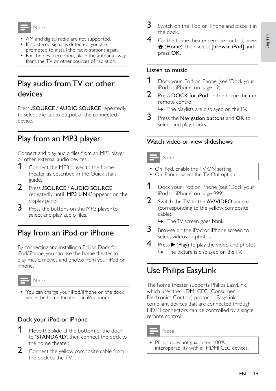 Play 3d video, Play from a usb storage device, More play features for disc or usb | Play 3d discs in 2d, Use video options, Use philips easylink, Play audio from tv or other devices, Play from an mp3 player, Play from an ipod or iphone | Philips HTS5580W-F7 User Manual | Page 21 / 34