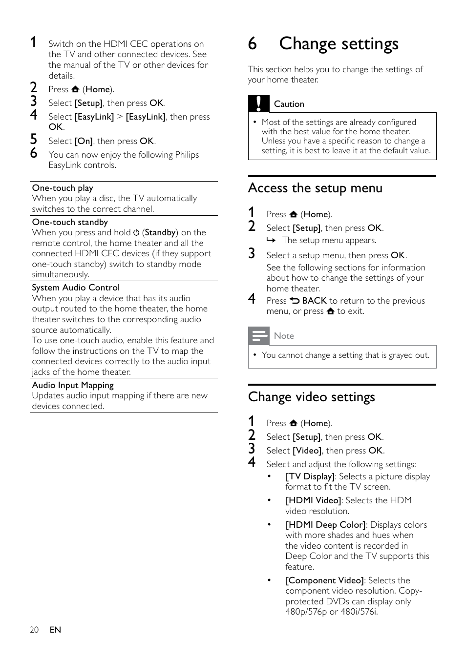 Use picture options, Use audio options, Play a musical slideshow | 6 change settings, Access the setup menu, Change video settings | Philips HTS5580W-F7 User Manual | Page 22 / 34