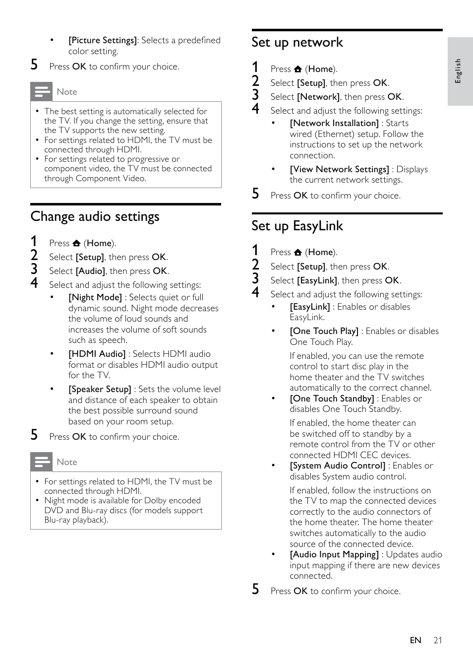 Play from pc (dlna), Set up media server software, Play multimedia content | Set up network, Set up easylink, Change audio settings | Philips HTS5580W-F7 User Manual | Page 23 / 34