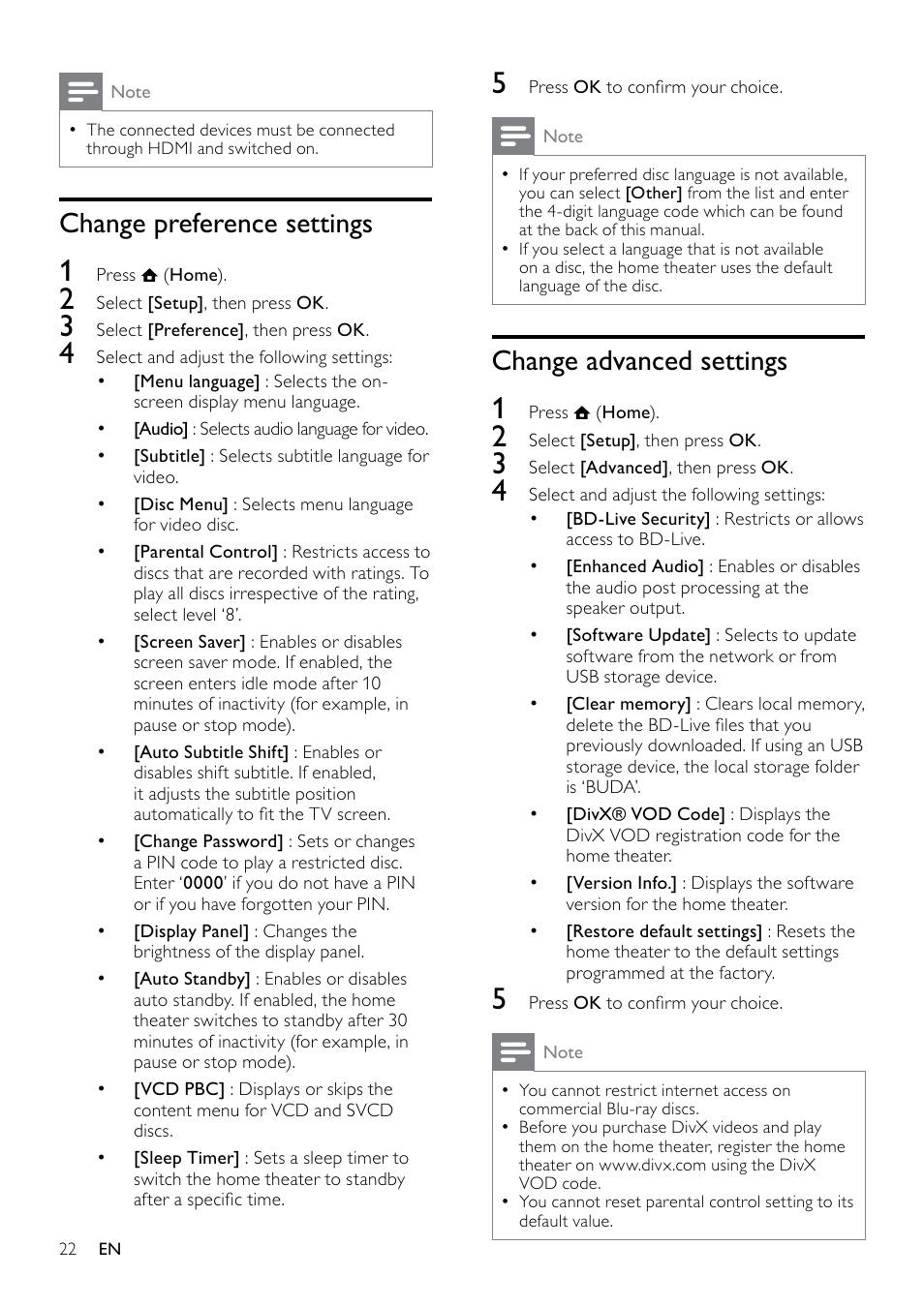 Play from radio, Play audio from tv or other devices, Play from an mp3 player | Play from an ipod or iphone, Change advanced settings, Change preference settings | Philips HTS5580W-F7 User Manual | Page 24 / 34