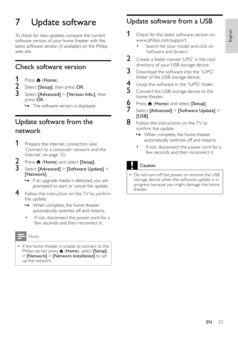 Use philips easylink, Dock your ipod or iphone, Listen to music | Watch video or view slideshows, Network, E 23), 7 update software, Update software from a usb, Check software version, Update software from the network | Philips HTS5580W-F7 User Manual | Page 25 / 34