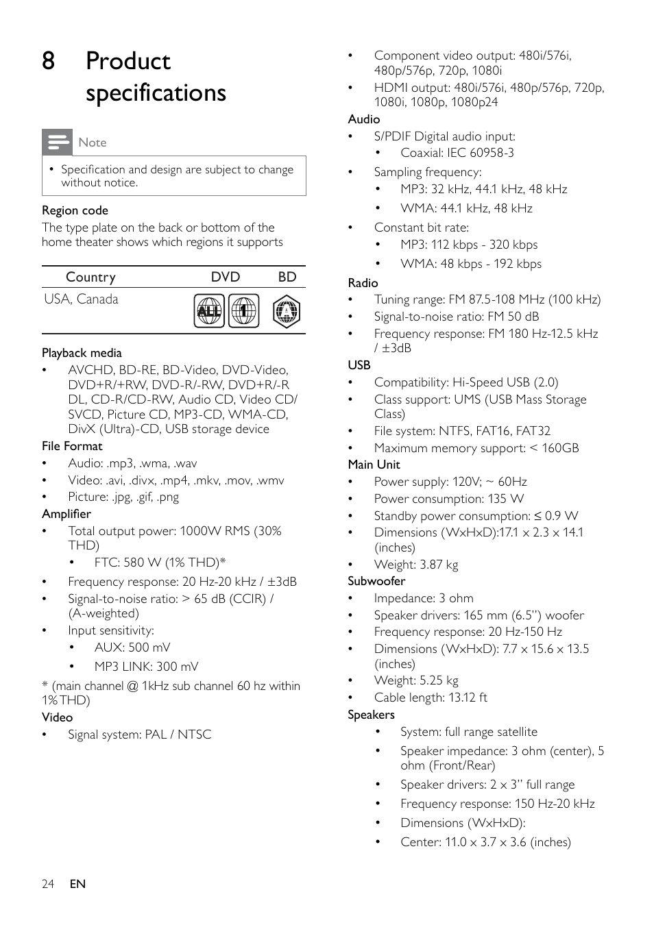 8 product specifications | Philips HTS5580W-F7 User Manual | Page 26 / 34