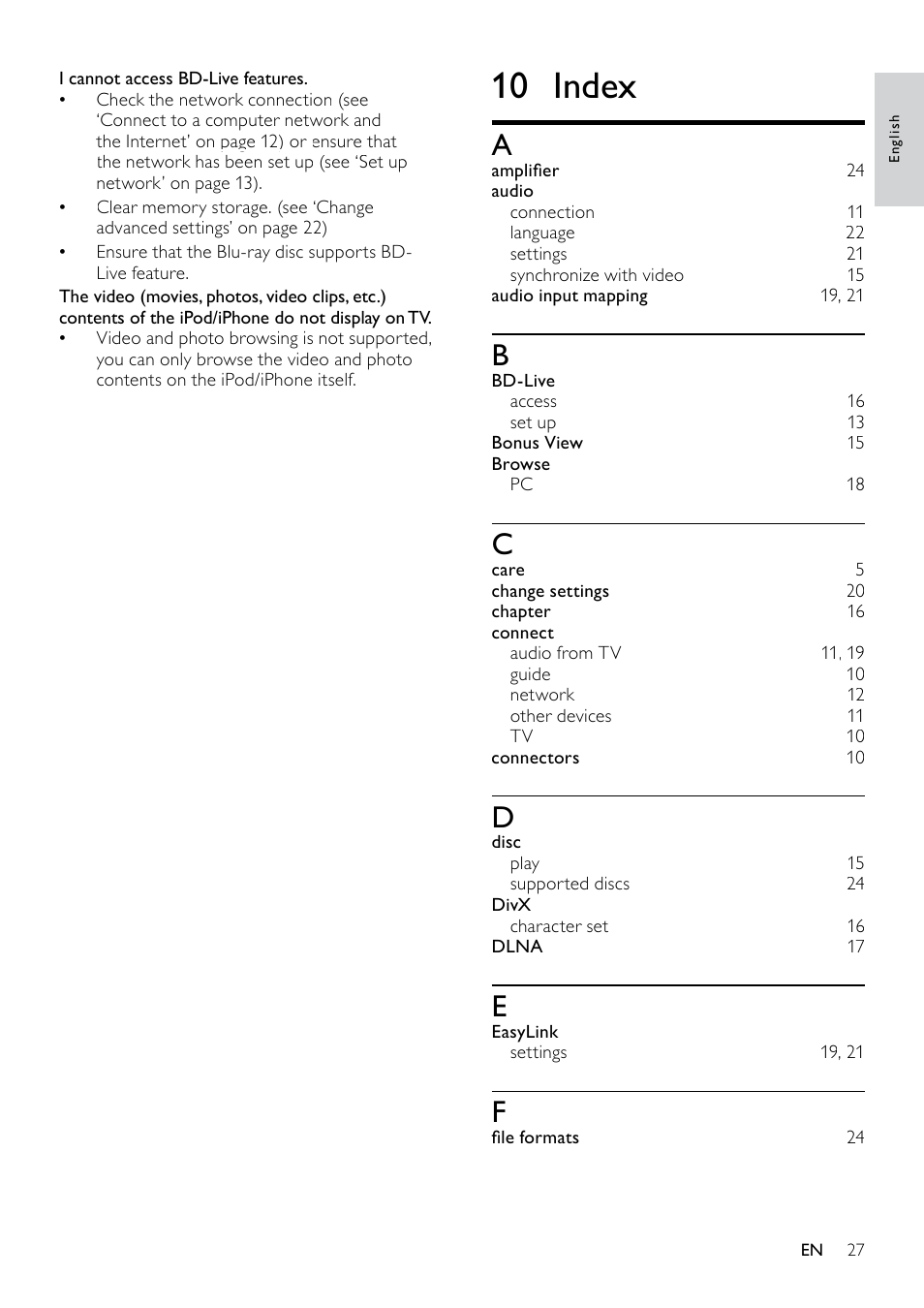 Change advanced settings, 10 index | Philips HTS5580W-F7 User Manual | Page 29 / 34