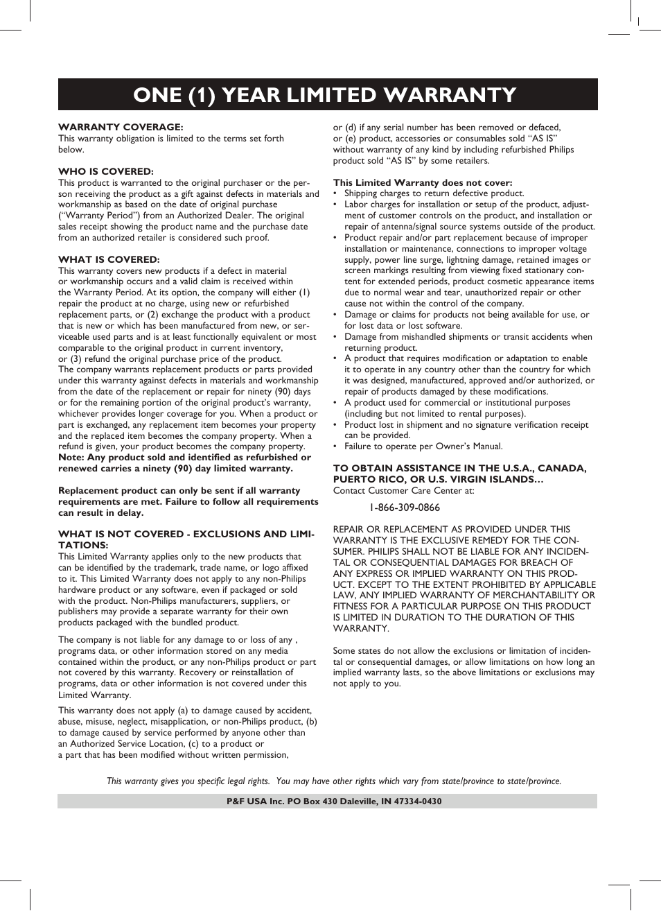 One (1) year limited warranty | Philips HTS5580W-F7 User Manual | Page 32 / 34