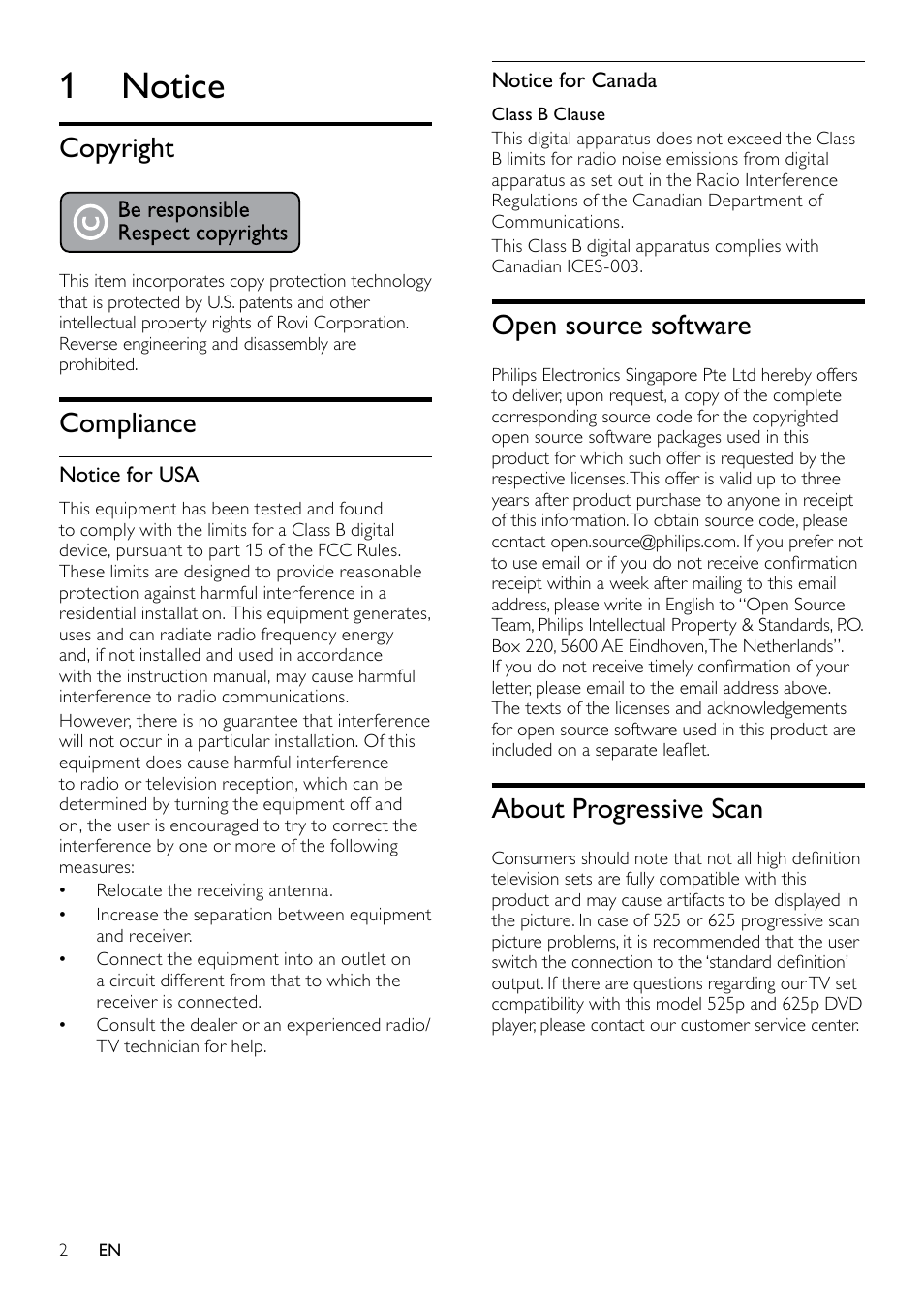 1 notice, Copyright, Compliance | Open source software, Notice for usa, Notice for canada, About progressive scan | Philips HTS5580W-F7 User Manual | Page 4 / 34