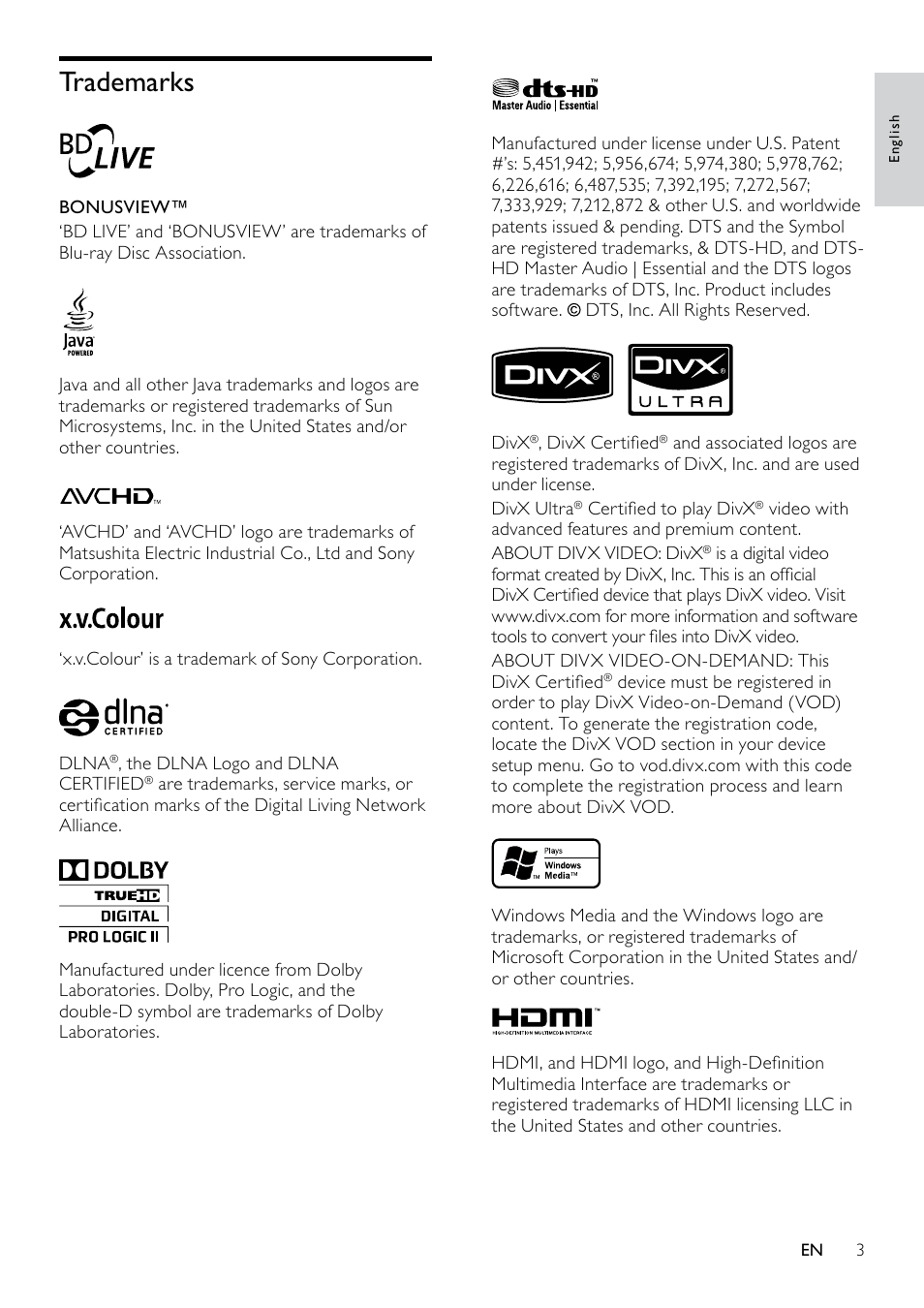 About progressive scan, Trademarks | Philips HTS5580W-F7 User Manual | Page 5 / 34