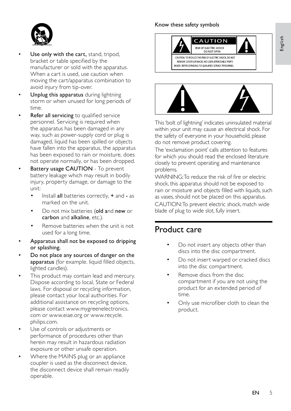 2 important, Safety, Product care | Philips HTS5580W-F7 User Manual | Page 7 / 34