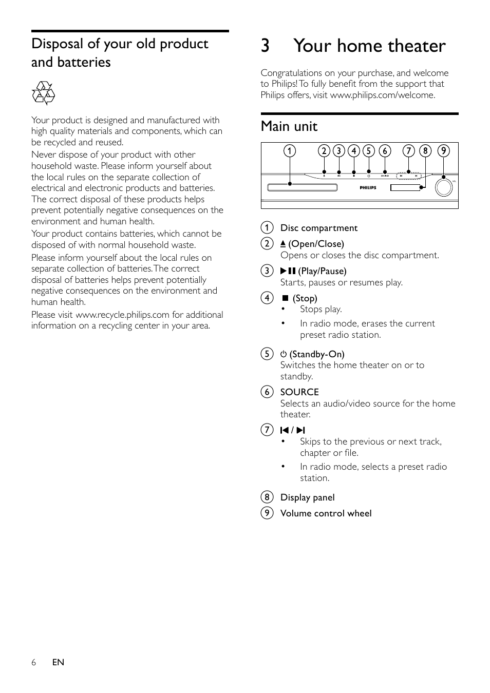 Product care, Disposal of your old product and batteries, 3d health warning | 3 your home theater, Main unit | Philips HTS5580W-F7 User Manual | Page 8 / 34