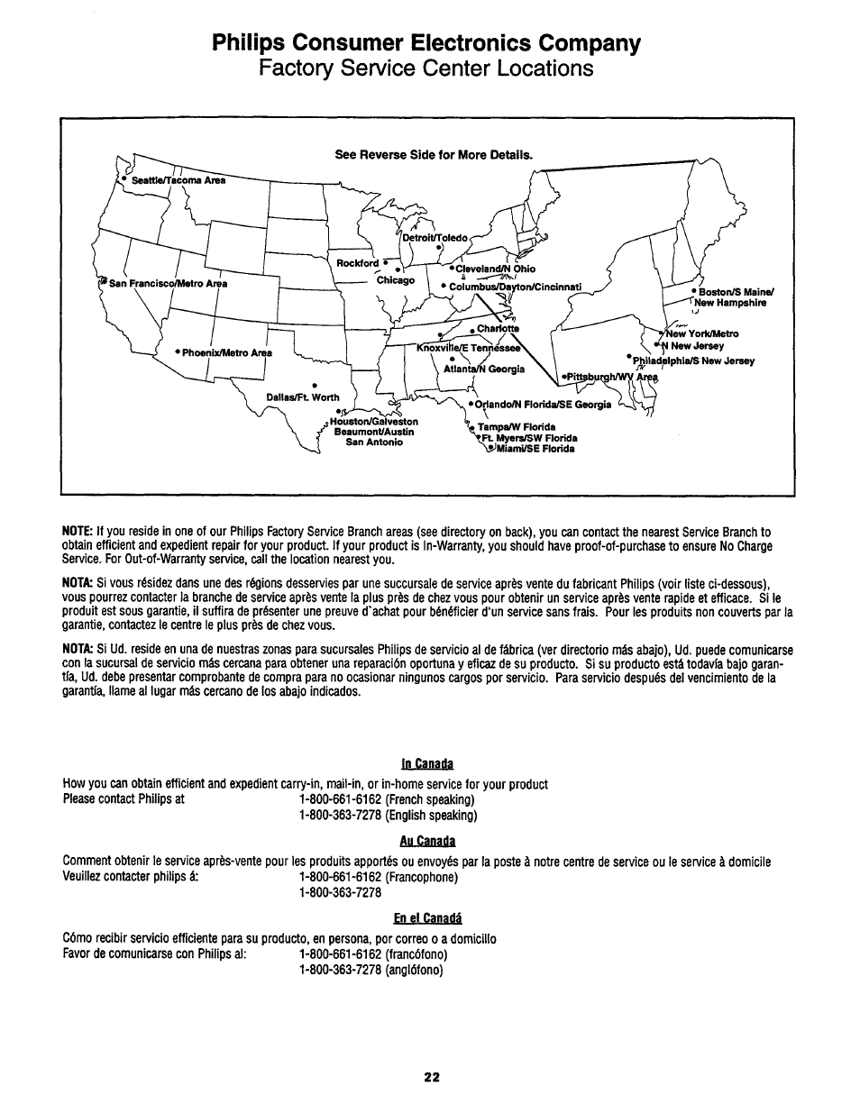 Factory service center locations, Philips consumer electronics company | Philips 27TS54C User Manual | Page 22 / 24