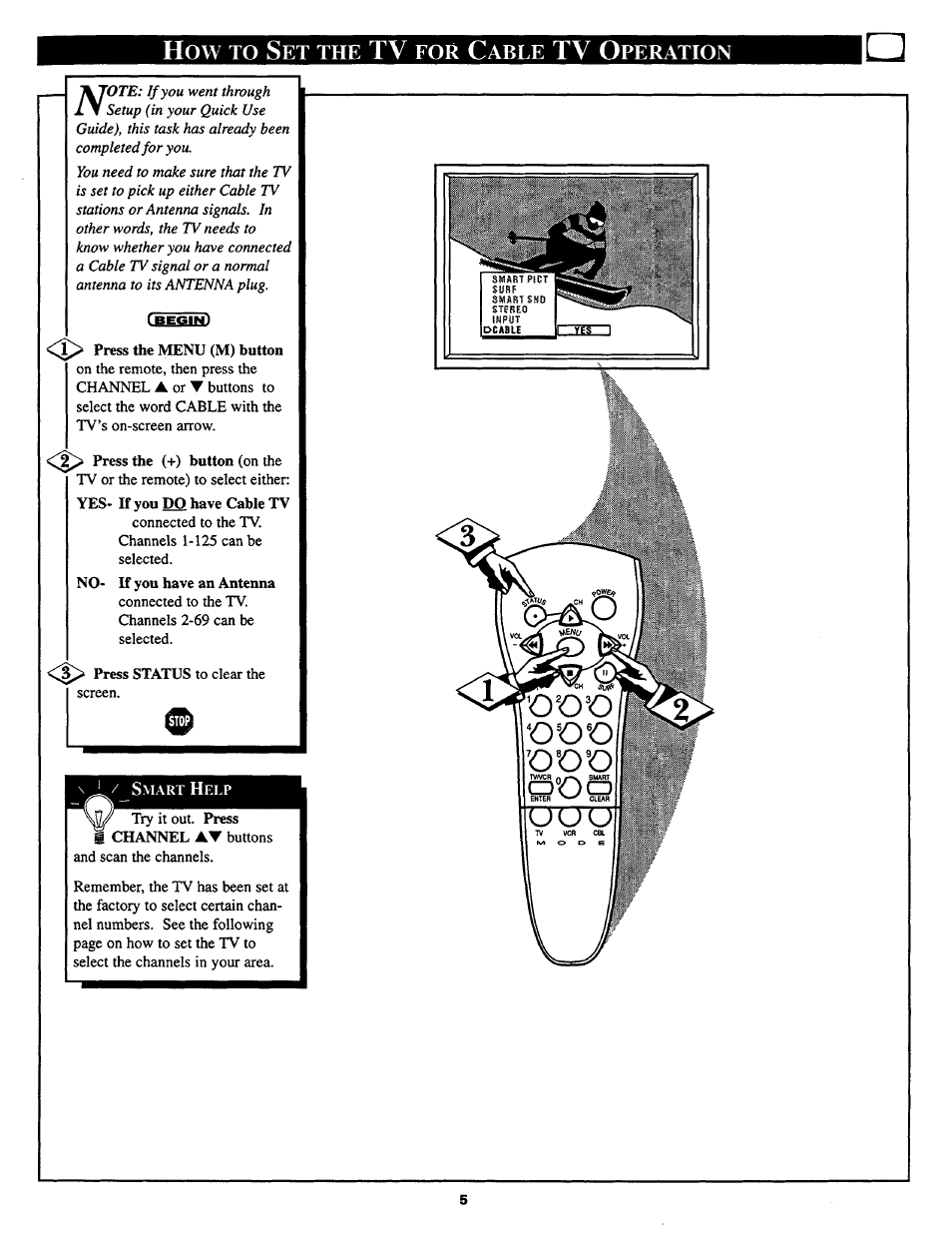 How to set the tv for cable tv operation, Setting the tv for cable tv operation, How to s | Tv o | Philips 27TS54C User Manual | Page 5 / 24