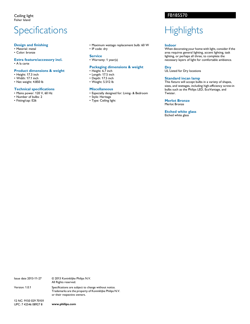 Specifications, Highlights | Philips FB185570 User Manual | Page 2 / 2