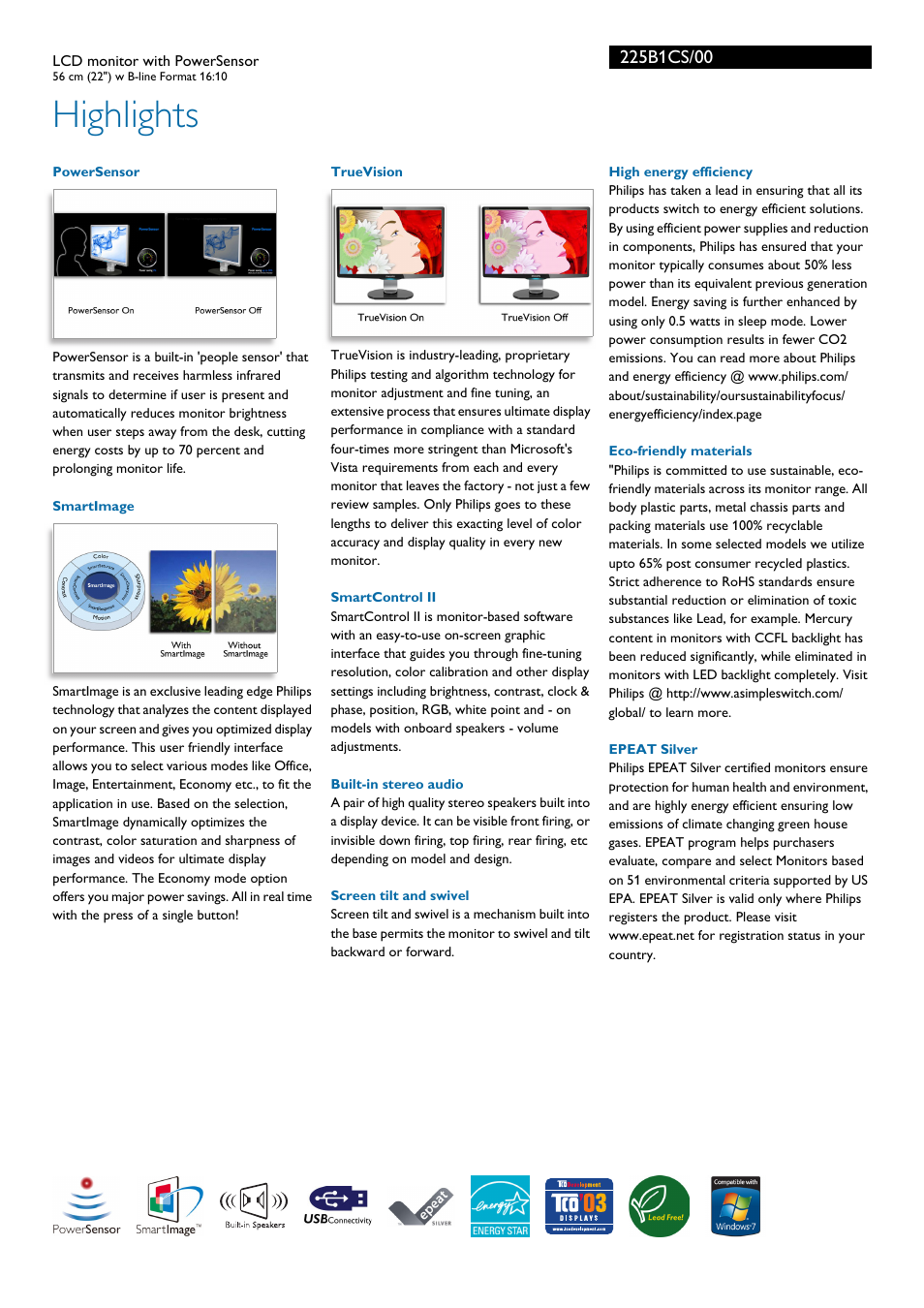 Highlights | Philips 225B1CS-00 User Manual | Page 2 / 3