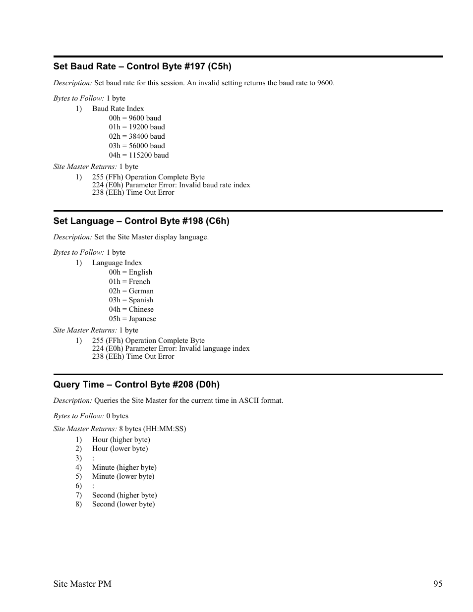 Set baud rate œ control byte #197 (c5h) 95, Set language œ control byte #198 (c6h) 95, Query time œ control byte #208 (d0h) 95 | Anritsu Site Master S331D User Manual | Page 101 / 132