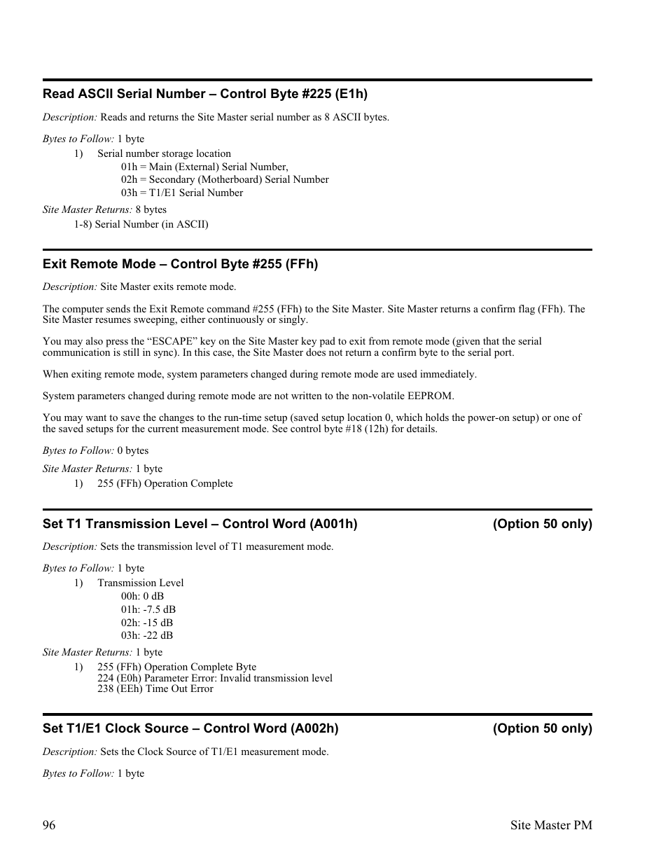 Exit remote mode œ control byte #255 (ffh) 96 | Anritsu Site Master S331D User Manual | Page 102 / 132