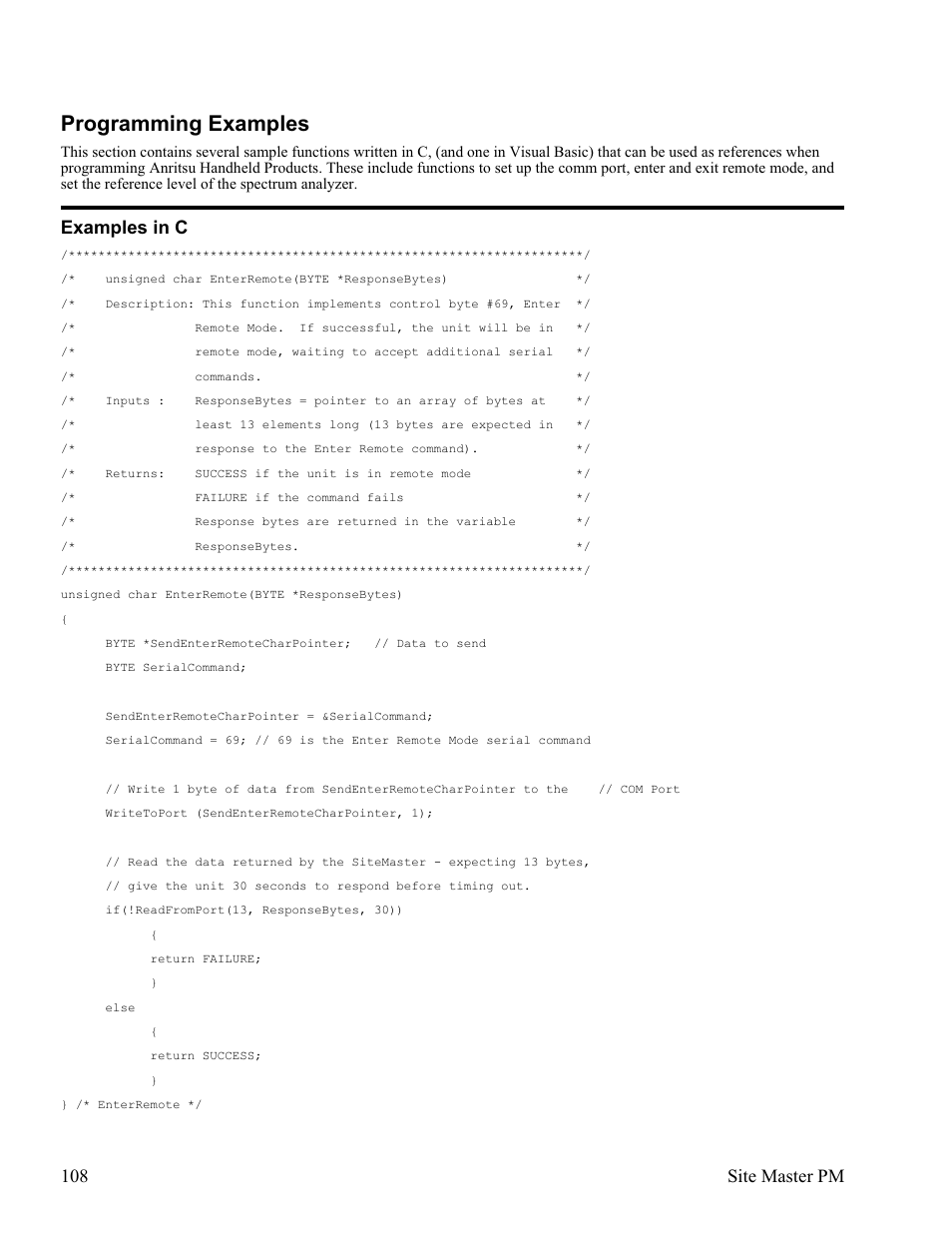 Programming examples 108, Examples in c 108, Programming examples | Examples in c, 108 site master pm | Anritsu Site Master S331D User Manual | Page 114 / 132