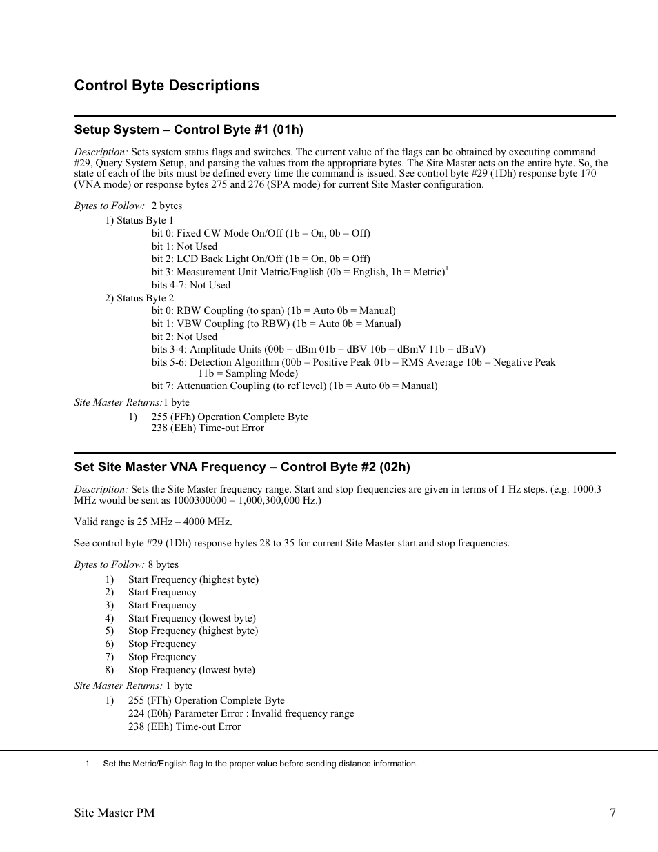 Control byte descriptions 7, Setup system œ control byte #1 (01h) 7, Control byte descriptions | Anritsu Site Master S331D User Manual | Page 13 / 132