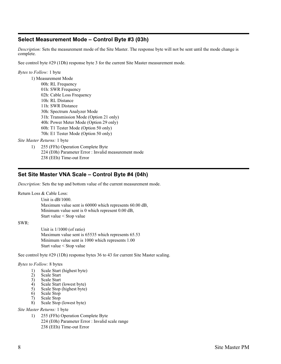Select measurement mode œ control byte #3 (03h) 8 | Anritsu Site Master S331D User Manual | Page 14 / 132