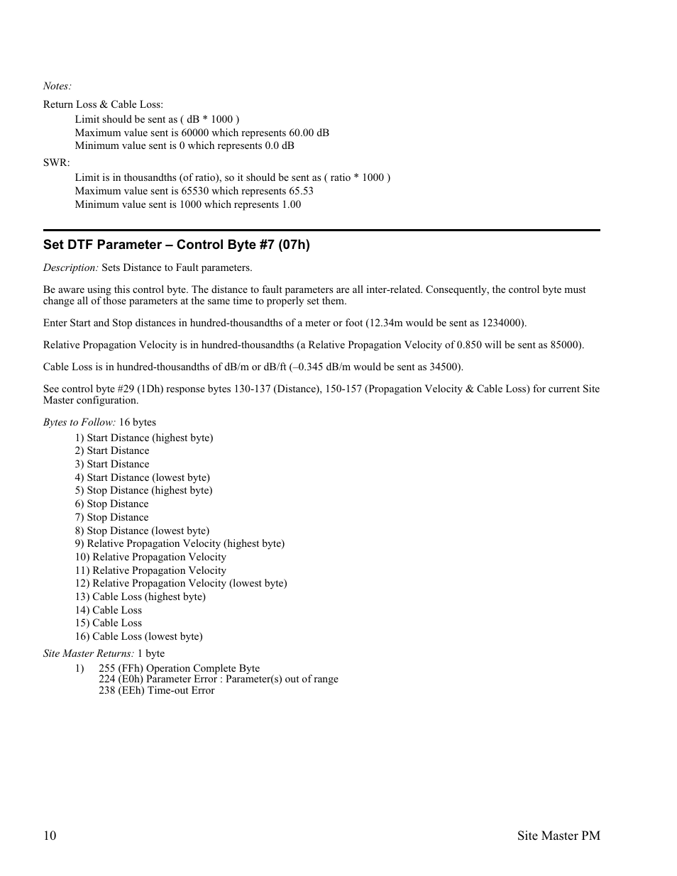 Set dtf parameter œ control byte #7 (07h) 10, Set dtf parameter – control byte #7 (07h) | Anritsu Site Master S331D User Manual | Page 16 / 132