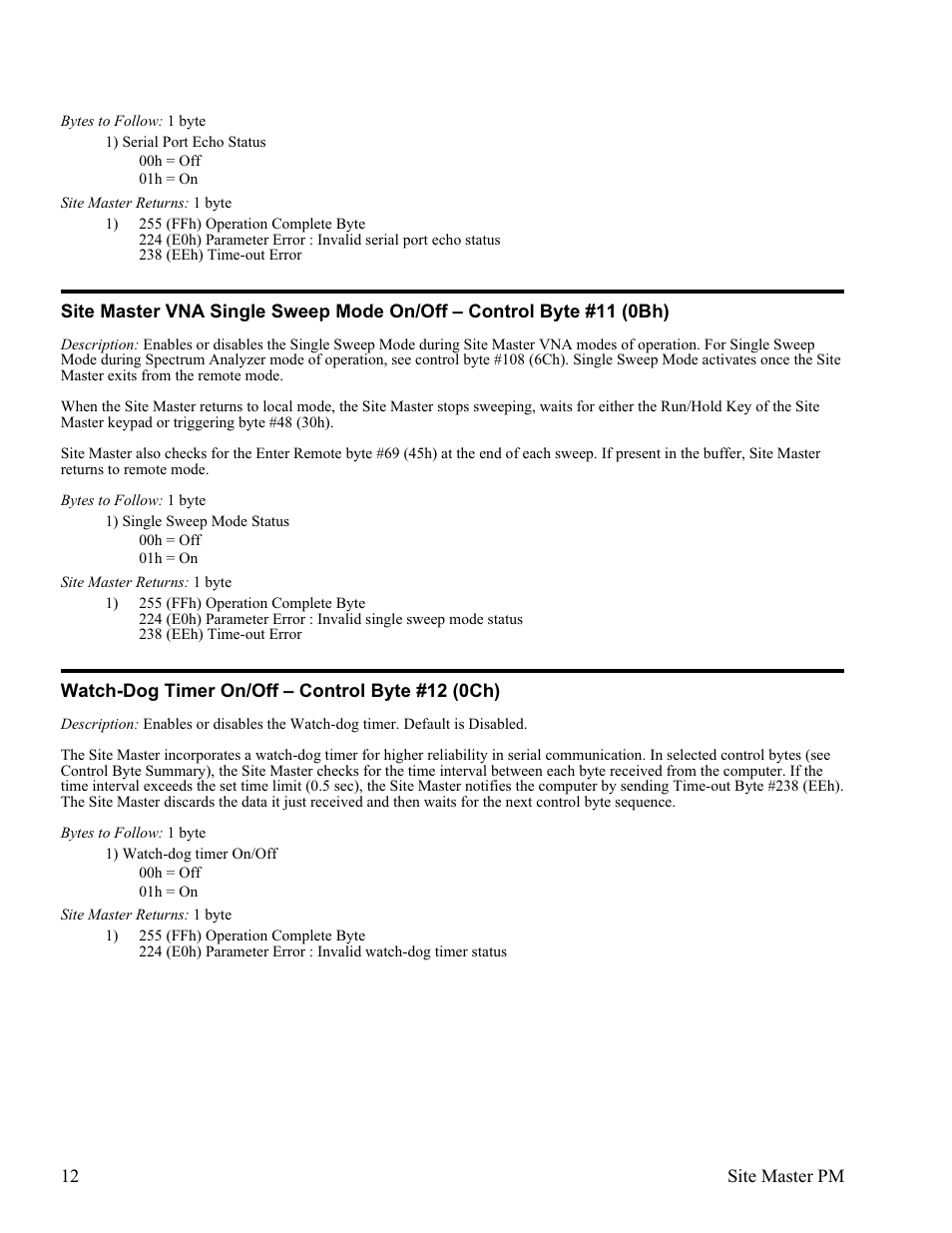 Watch-dog timer on/off œ control byte #12 (0ch) 12 | Anritsu Site Master S331D User Manual | Page 18 / 132