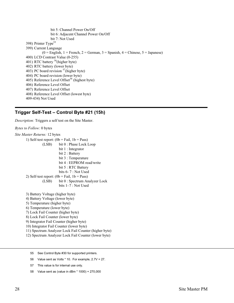 Trigger self-test œ control byte #21 (15h) 28, Trigger self-test – control byte #21 (15h) | Anritsu Site Master S331D User Manual | Page 34 / 132