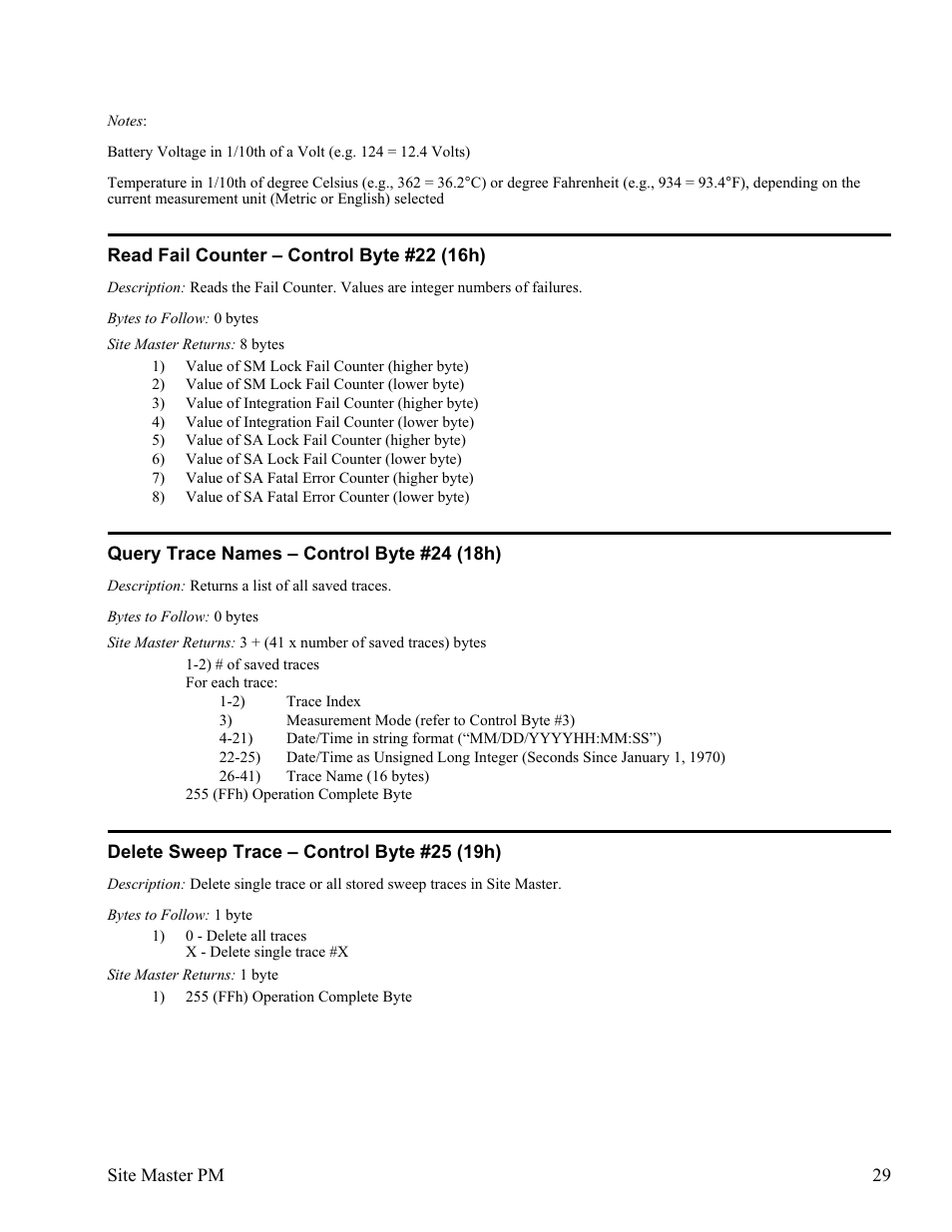 Read fail counter œ control byte #22 (16h) 29, Query trace names œ control byte #24 (18h) 29, Delete sweep trace œ control byte #25 (19h) 29 | Anritsu Site Master S331D User Manual | Page 35 / 132