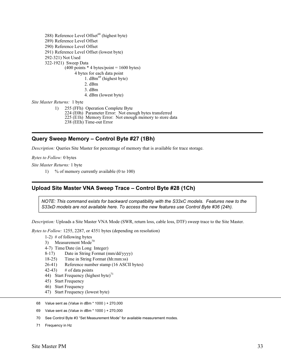 Query sweep memory œ control byte #27 (1bh) 33 | Anritsu Site Master S331D User Manual | Page 39 / 132