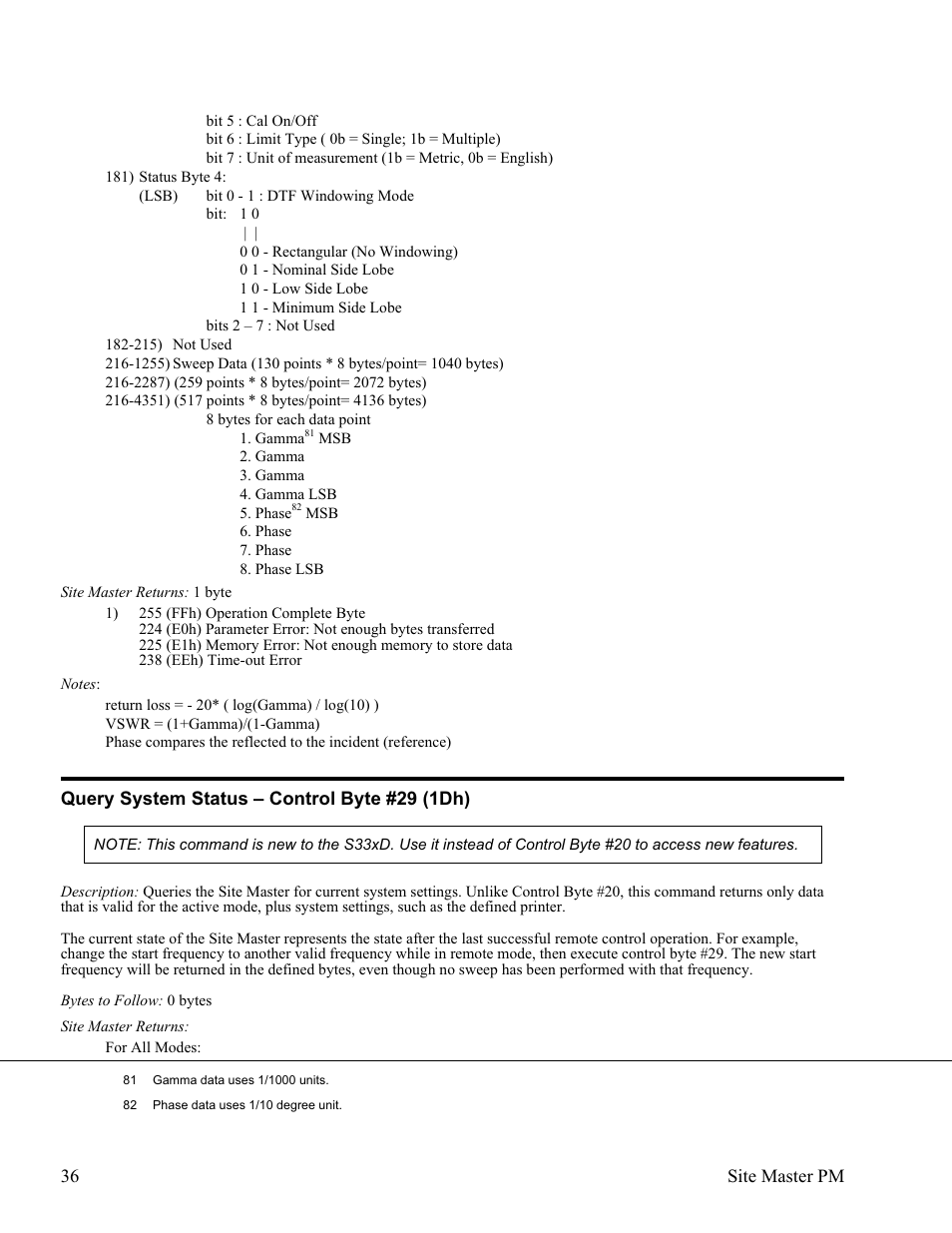 Query system status œ control byte #29 (1dh) 36, Query system status – control byte #29 (1dh) | Anritsu Site Master S331D User Manual | Page 42 / 132
