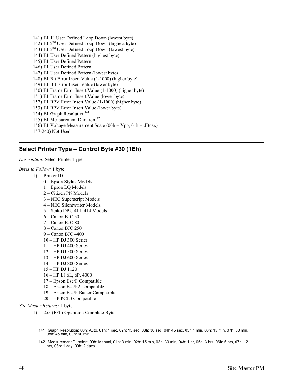 Select printer type œ control byte #30 (1eh) 48, Select printer type – control byte #30 (1eh), 48 site master pm | Anritsu Site Master S331D User Manual | Page 54 / 132