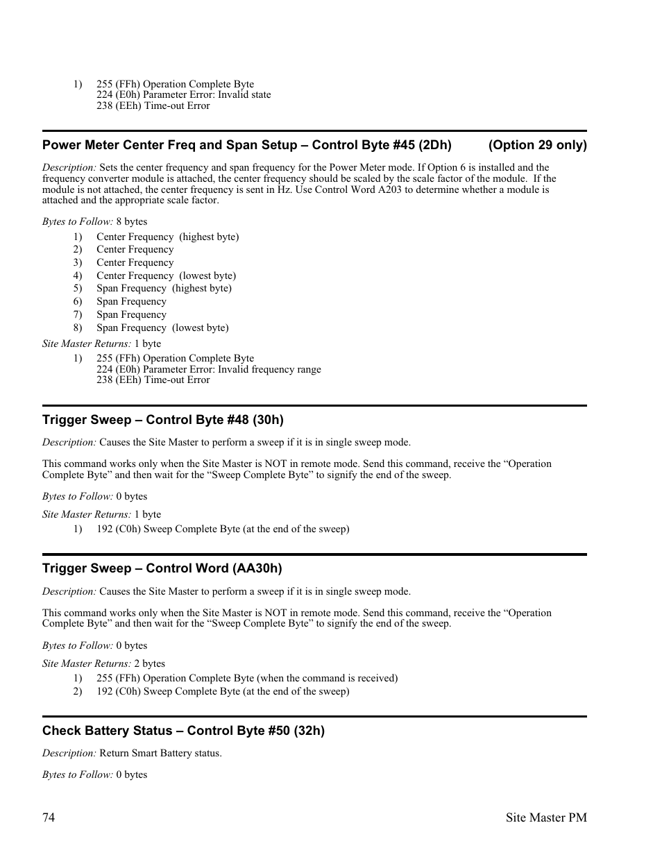 Trigger sweep œ control byte #48 (30h) 74, Trigger sweep œ control word (aa30h) 74, Check battery status œ control byte #50 (32h) 74 | Anritsu Site Master S331D User Manual | Page 80 / 132