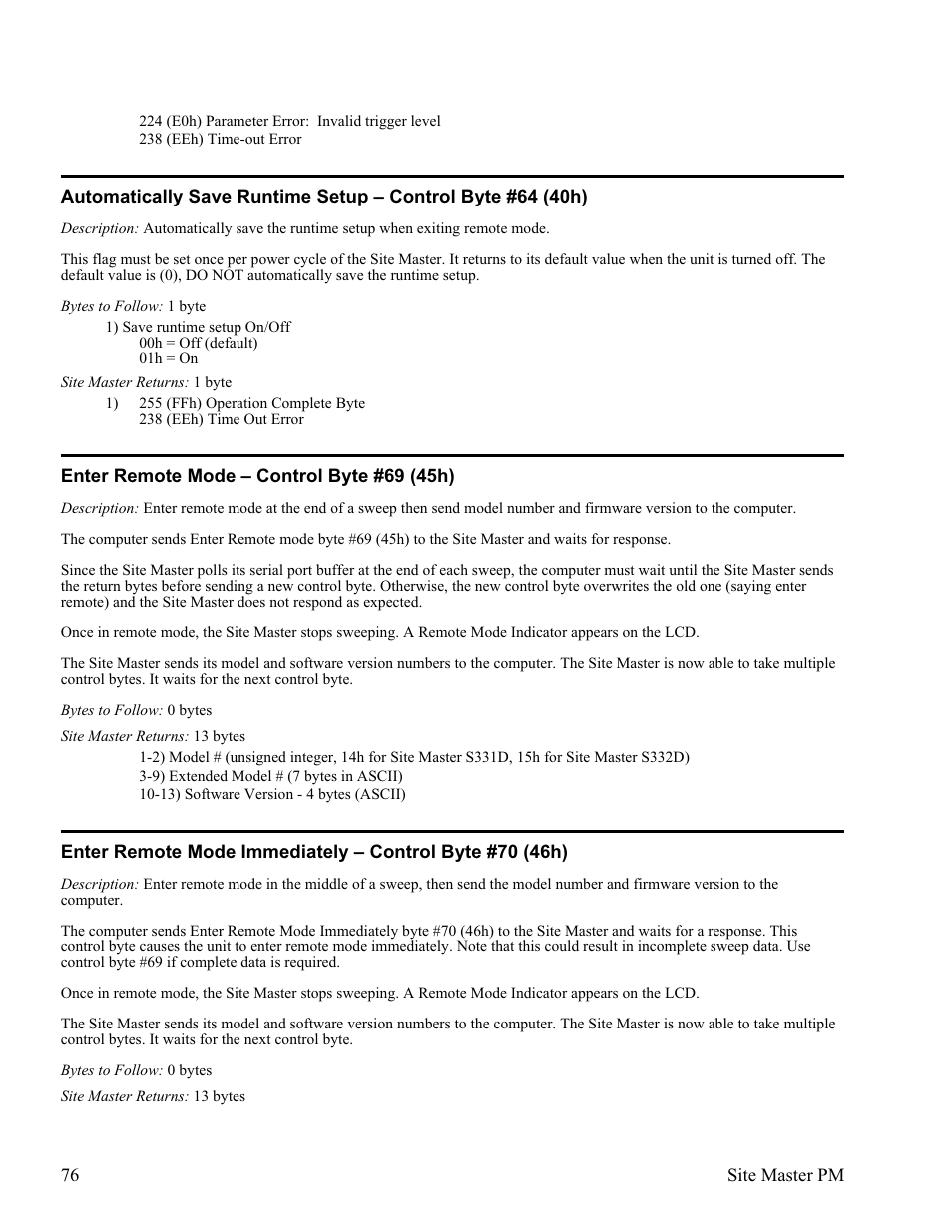 Enter remote mode œ control byte #69 (45h) 76 | Anritsu Site Master S331D User Manual | Page 82 / 132