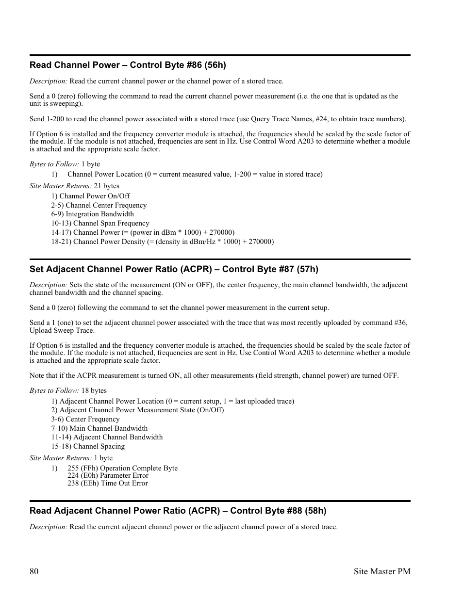 Read channel power œ control byte #86 (56h) 80 | Anritsu Site Master S331D User Manual | Page 86 / 132