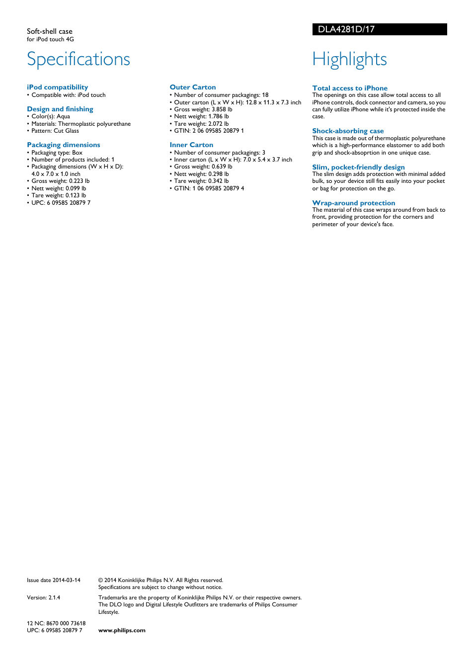 Specifications, Highlights | Philips DLA4281D-17 User Manual | Page 2 / 2