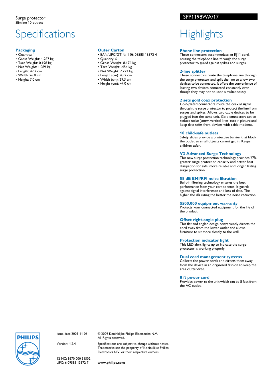 Specifications, Highlights | Philips SPP1198WA-17 User Manual | Page 2 / 2