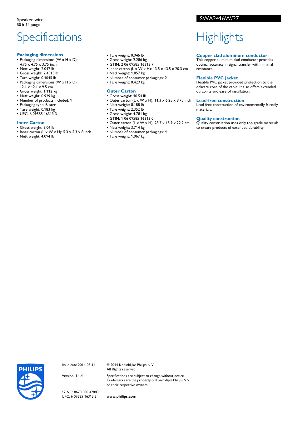 Specifications, Highlights | Philips SWA2416W-27 User Manual | Page 2 / 2