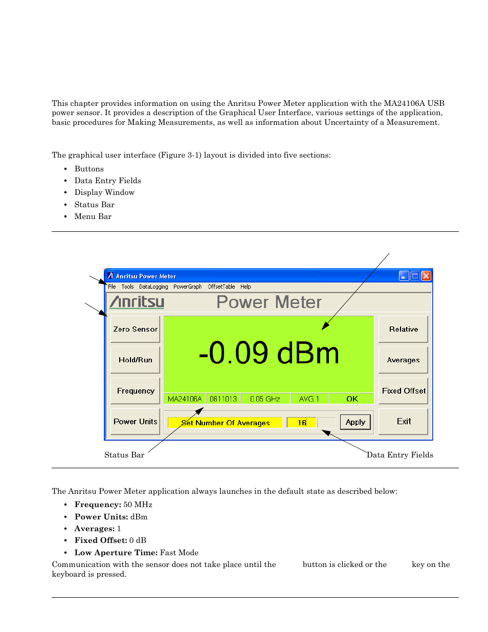 Chapter 3 - using the power sensor, 1 introduction, 2 graphical user interface | Chapter 3—using the power sensor, Introduction -1, Graphical user interface -1, Chapter 3 — using the power sensor | Anritsu 0701012 User Manual | Page 19 / 70