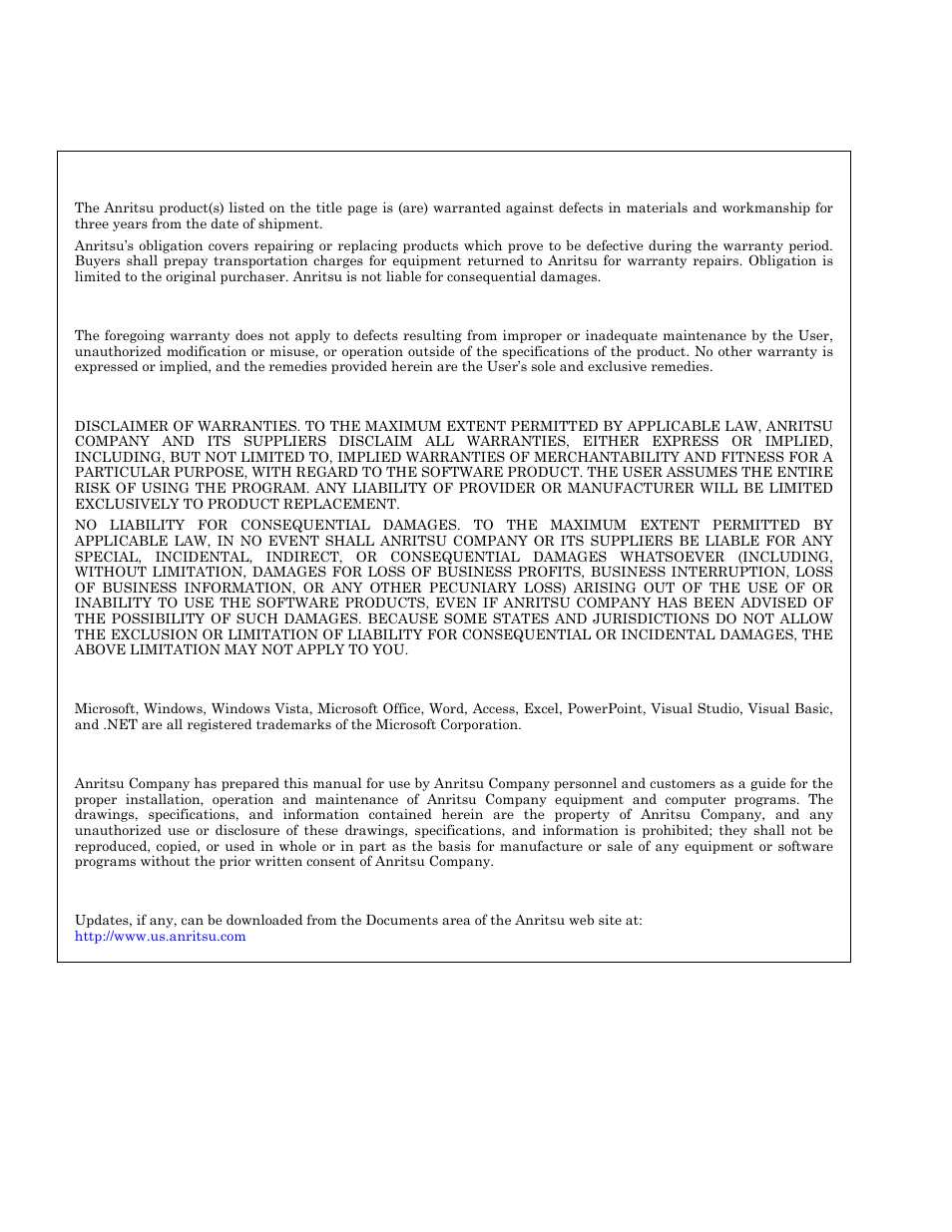 Warranty, Limitation of warranty, Disclaimer of warranty | Trademark acknowledgments, Notice, Updates | Anritsu 0701012 User Manual | Page 2 / 70
