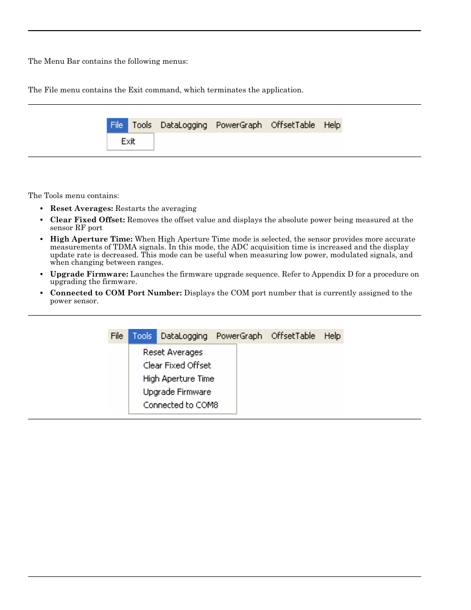 7 menu bar, File menu, Tools menu | Menu bar -4, File menu -4, Tools menu -4, Menu bar | Anritsu 0701012 User Manual | Page 22 / 70