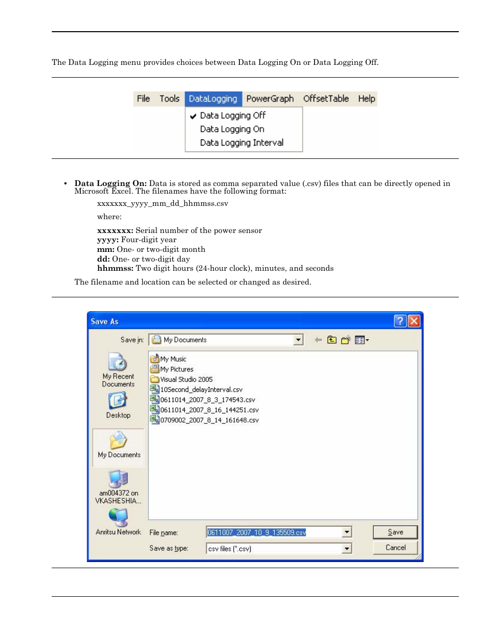 Data logging menu, Data logging menu -5 | Anritsu 0701012 User Manual | Page 23 / 70