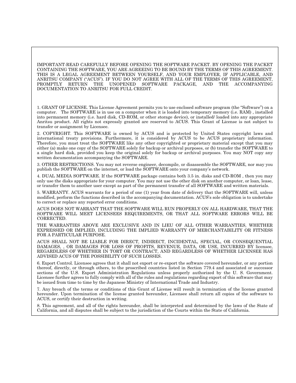 Anritsu company software license agreement, Software license agreement | Anritsu 0701012 User Manual | Page 3 / 70
