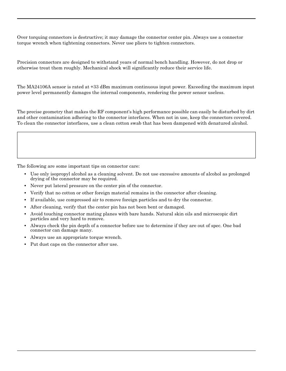 Avoid over torquing connectors, Avoid mechanical shock, Avoid applying excessive power | Cleaning connectors | Anritsu 0701012 User Manual | Page 52 / 70