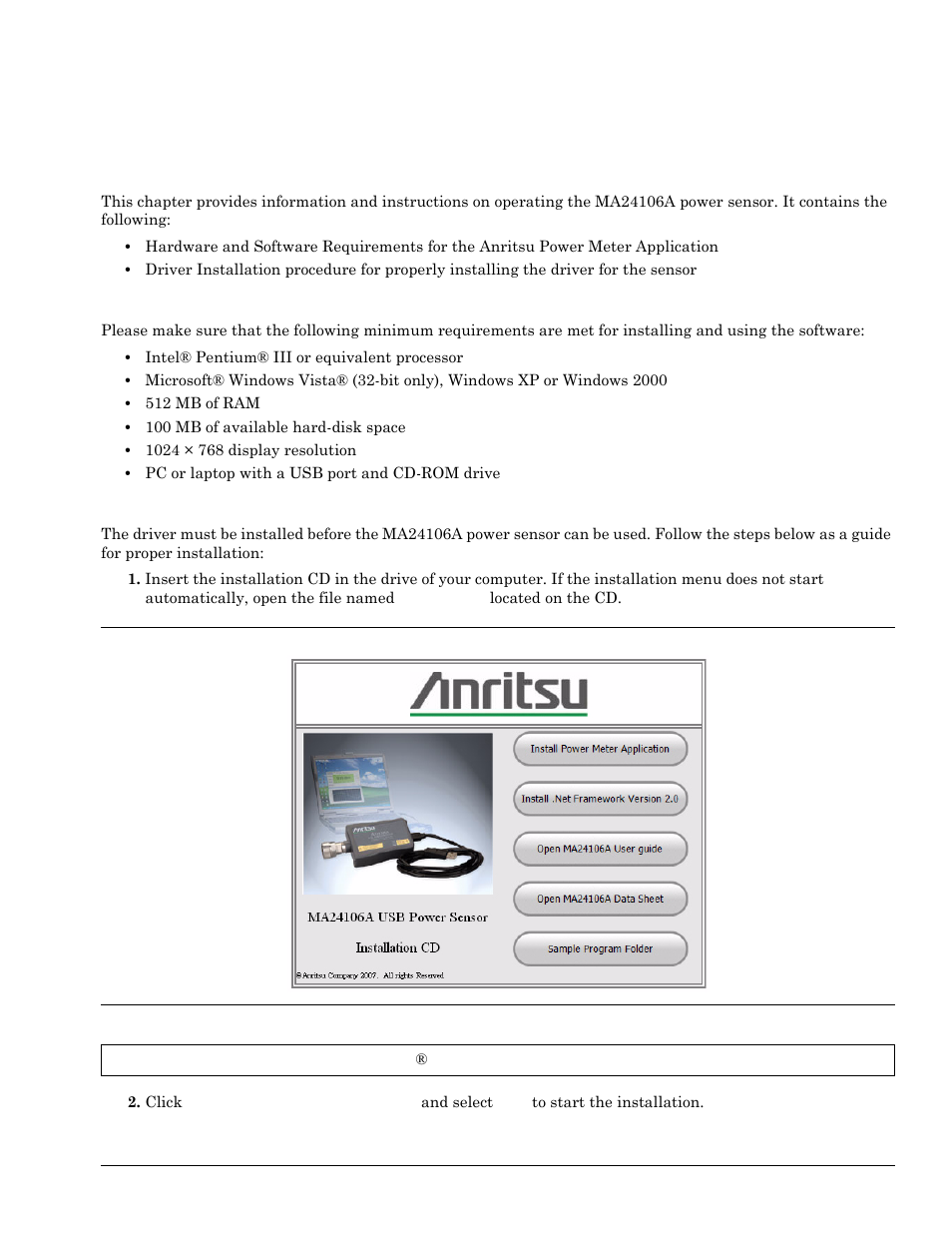 Chapter 2 - installation, 1 introduction, 2 hardware and software requirements | 3 driver installation, Chapter 2—installation, Introduction -1, Hardware and software requirements -1, Driver installation -1, Chapter 2 — installation | Anritsu 0701012 User Manual | Page 9 / 70