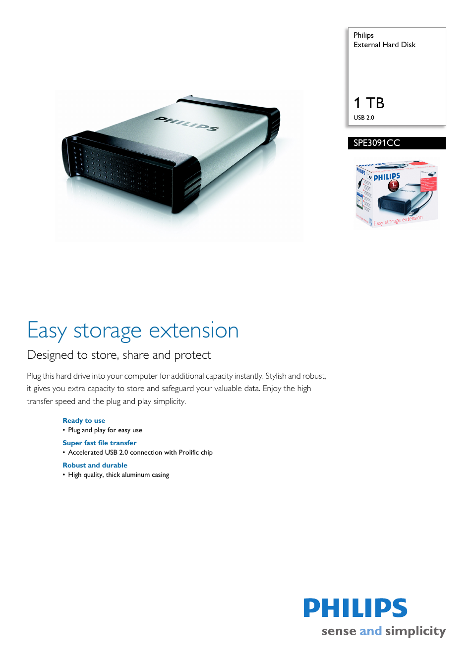 Philips External Hard Disk SPE3091CC 1 TB USB 2.0 User Manual | 2 pages