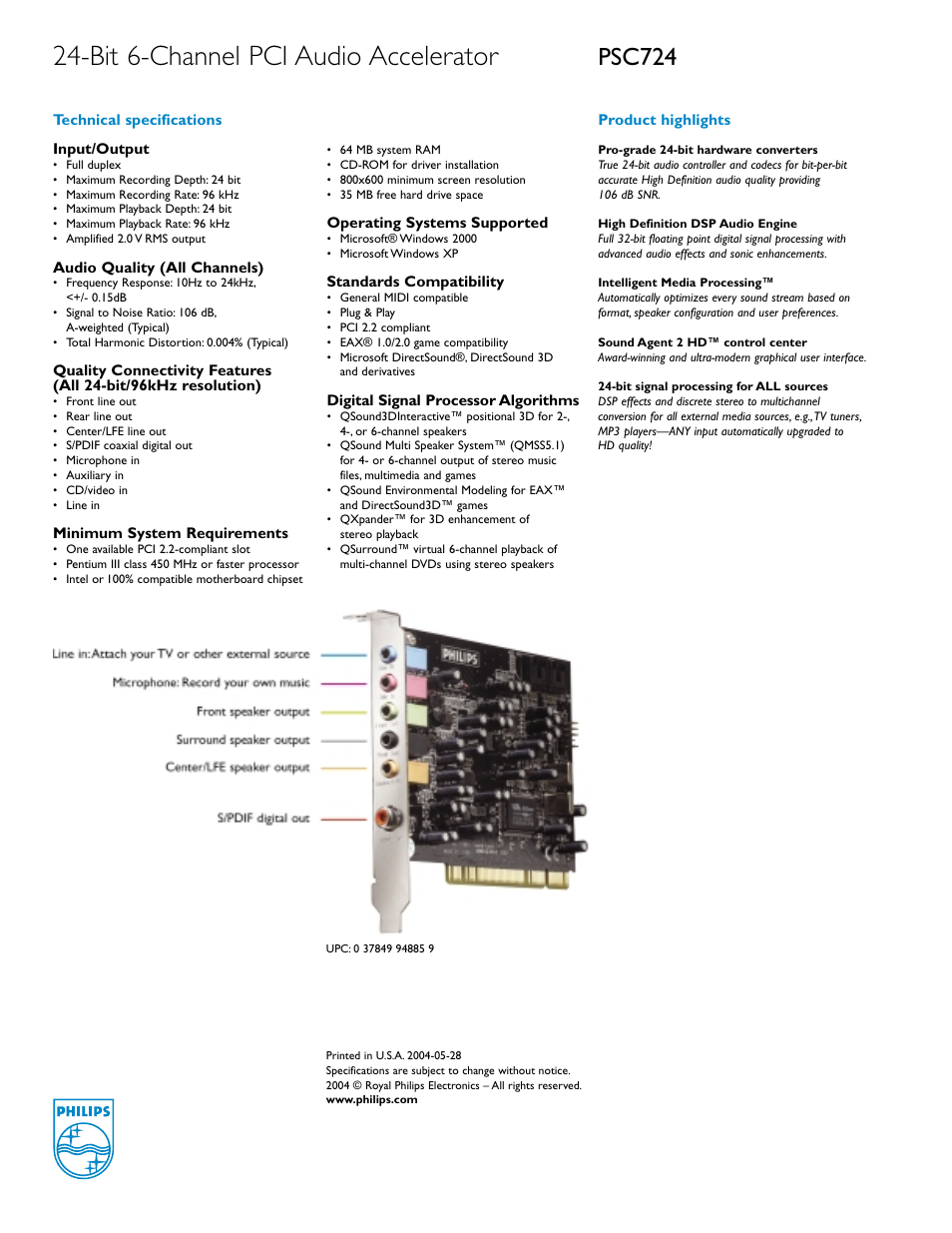 Bit 6-channel pci audio accelerator, Psc724 | Philips PC Soundcard PSC724 6 Channel Retail Version User Manual | Page 2 / 2