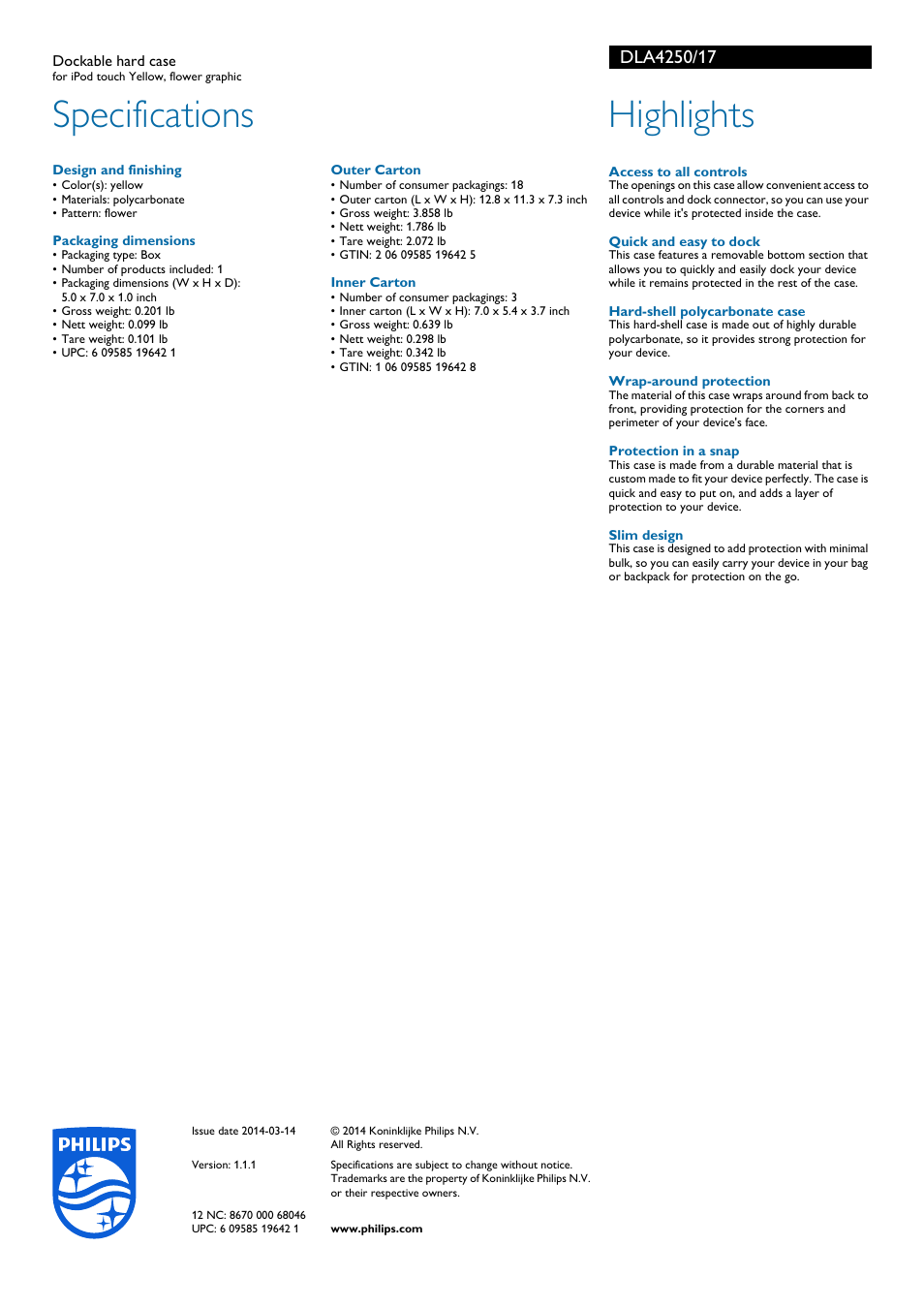 Specifications, Highlights | Philips DLA4250-17 User Manual | Page 2 / 2