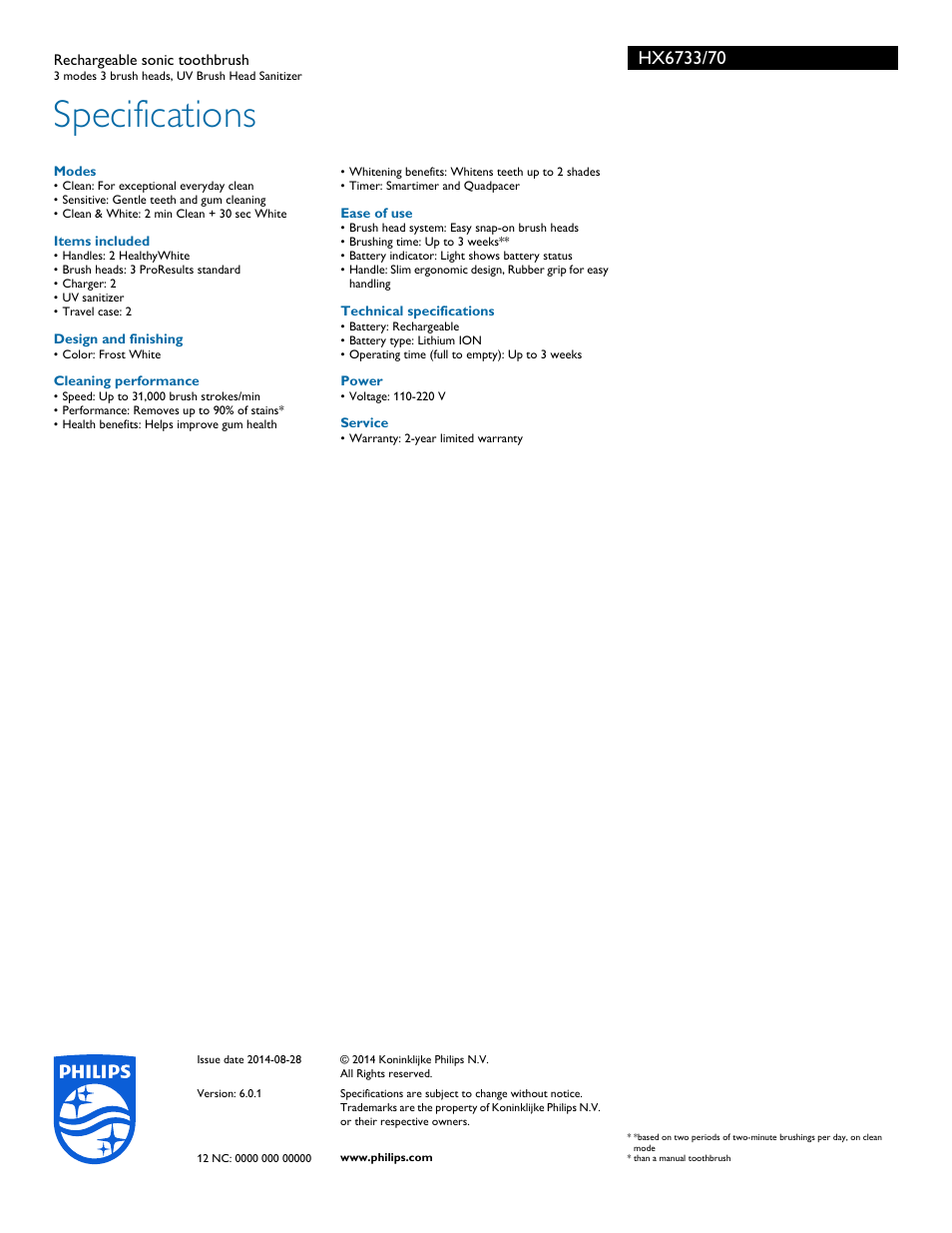 Specifications | Philips HX6733-70 User Manual | Page 3 / 3