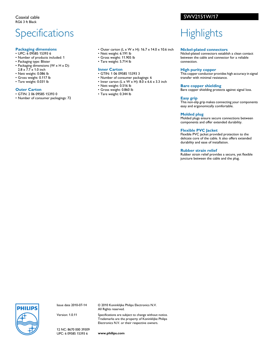 Specifications, Highlights | Philips SWV2151W-17 User Manual | Page 2 / 2