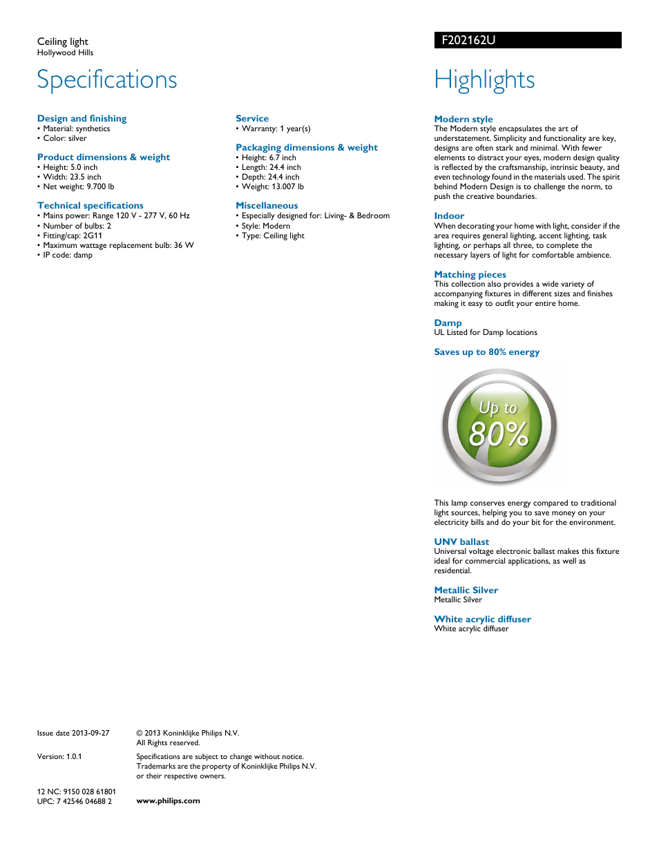 Specifications, Highlights | Philips F202162U User Manual | Page 2 / 2