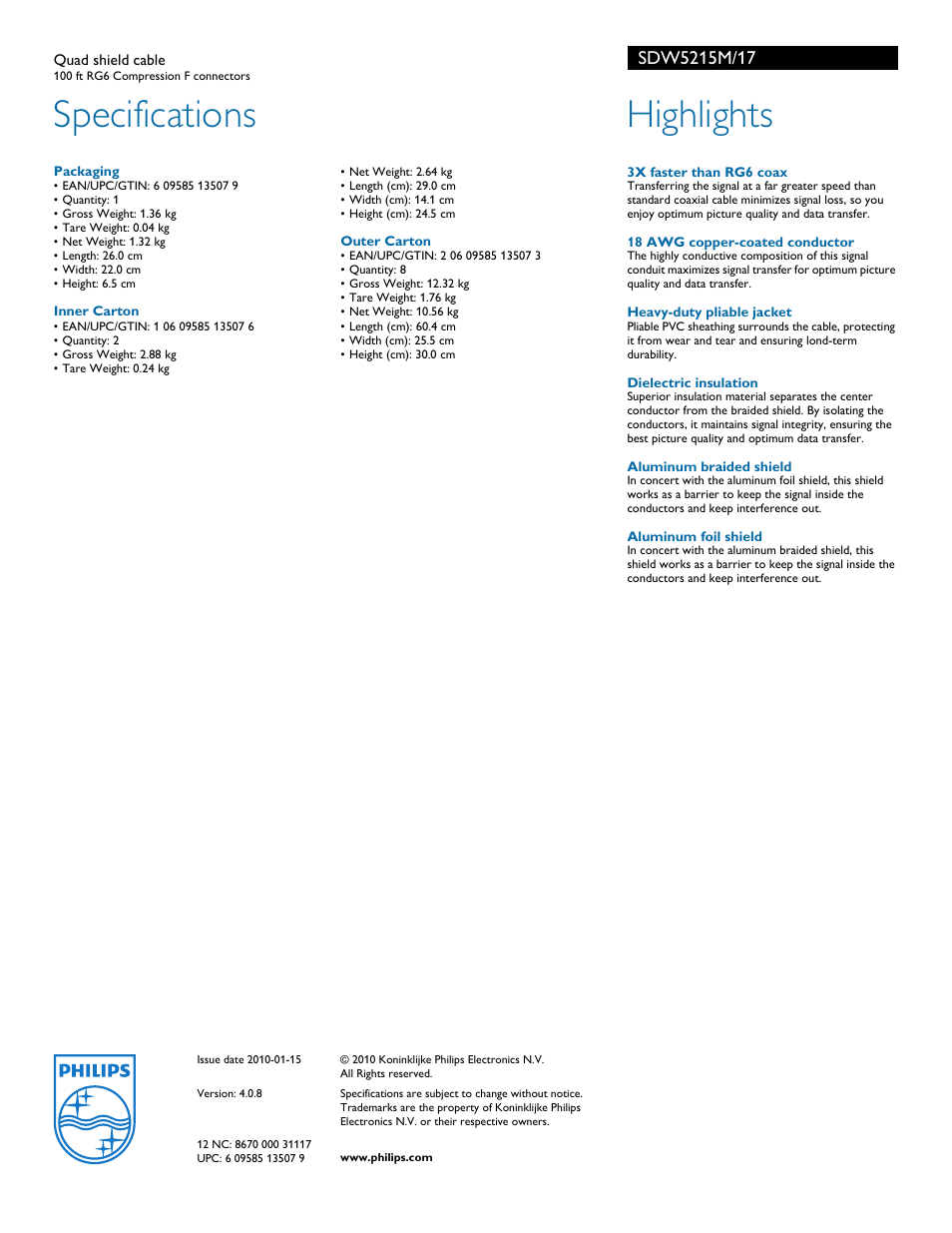 Specifications, Highlights | Philips SDW5215M-17 User Manual | Page 2 / 2